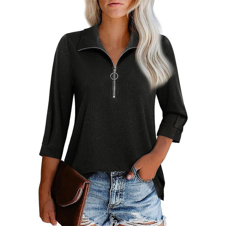 Women's casual blouse with zip collar, three-quarter sleeves, and flared hem Mune Fashion