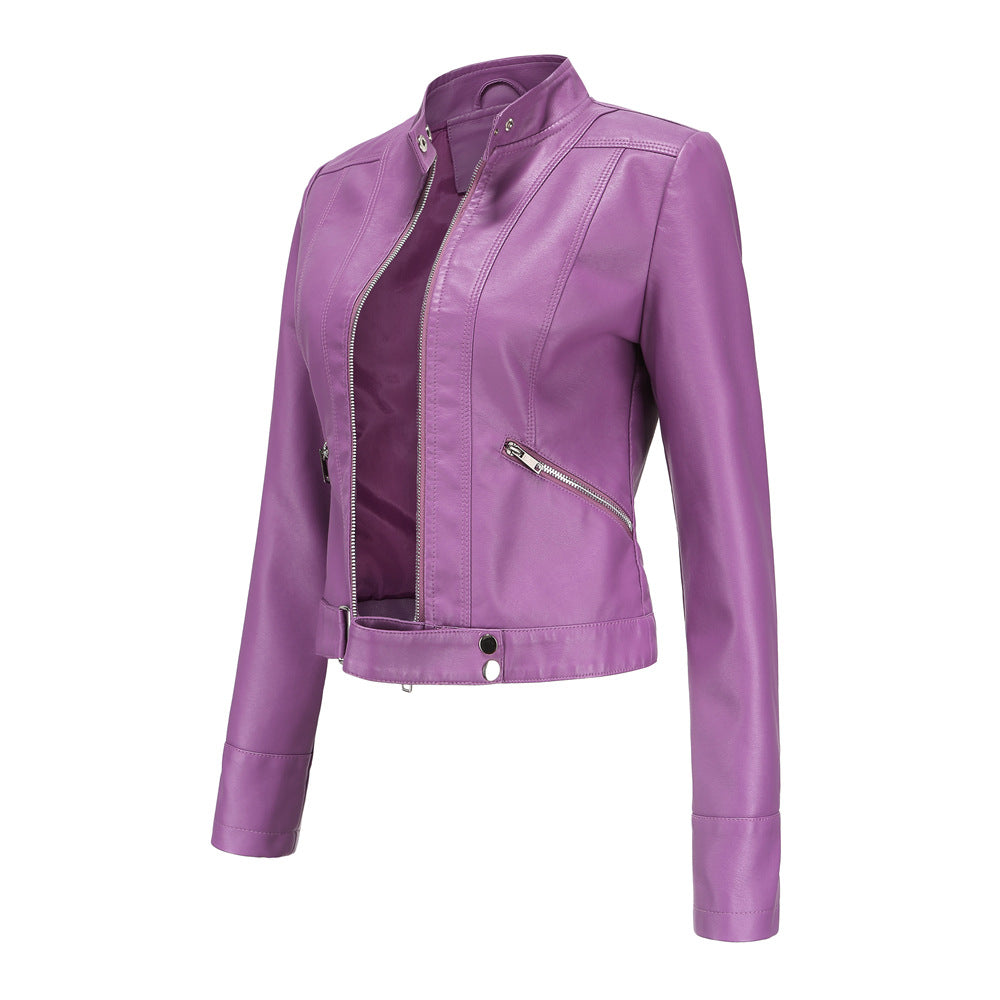 Women's short fitted faux leather jacket in racer style with stand-up collar and zip pockets Mune Fashion