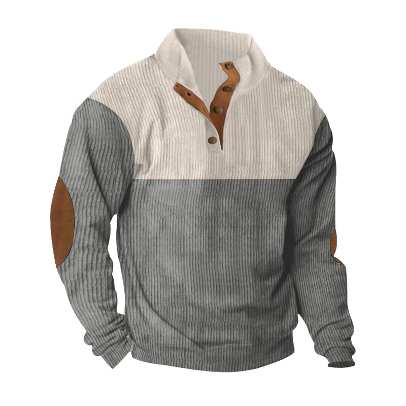 Men's ribbed Henley knit sweater with leather trim on button placket and elbow patches Mune Fashion