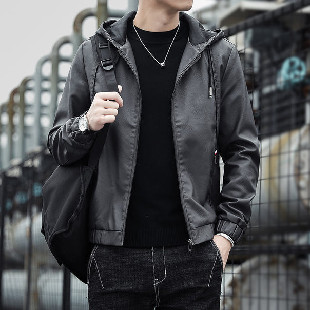 Men's Fashion Faux Leather Jacket with Adjustable Hood Mune Fashion