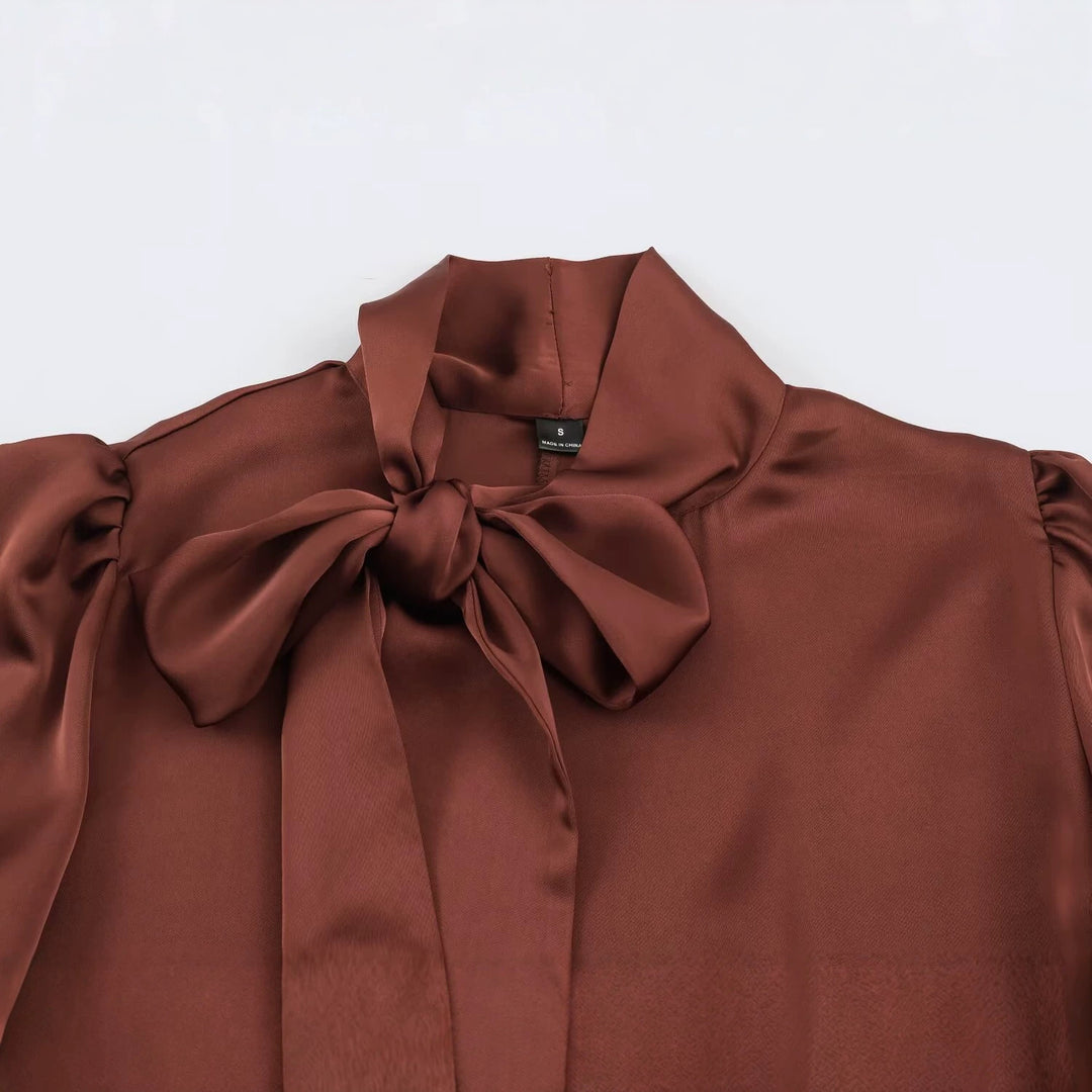 Ladies Two-Piece Satin Set with Bow Blouse and Pleated Culotte Mune Fashion