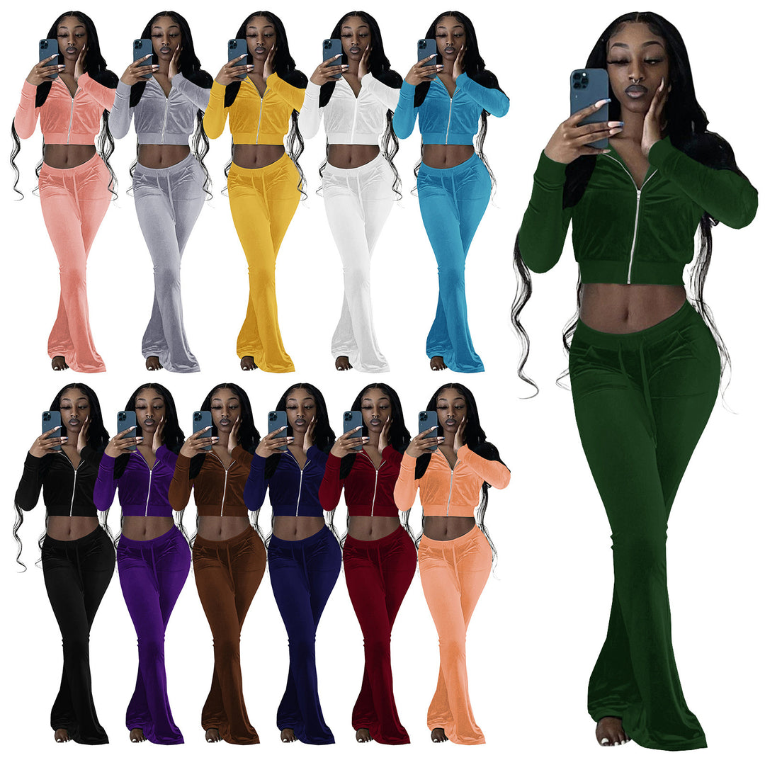 Women's Two-Piece Velvet Lounge Set with Cropped Zipper Hoodie and Flared Palazzo Pants EB