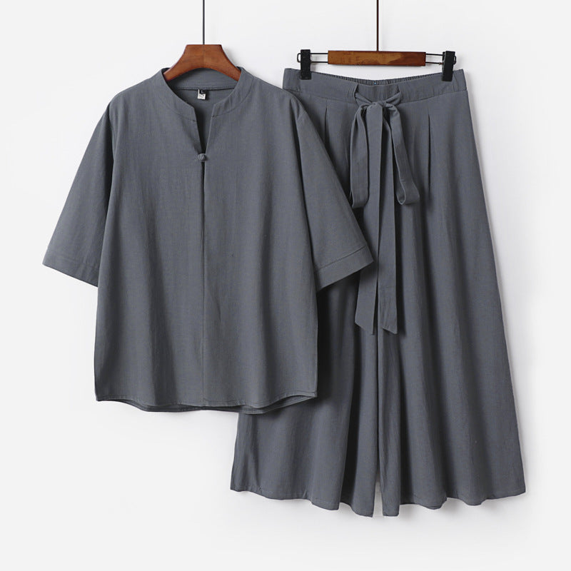 Women's Casual Linen-Viscose Lounge Set with Stand Collar Top and Wide Palazzo Pants Mune Fashion