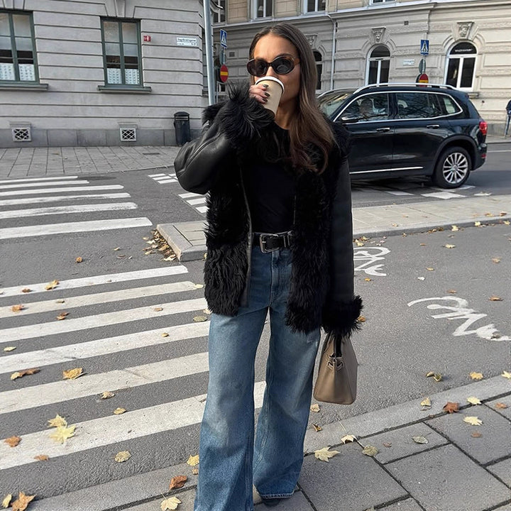 Women's Oversized Faux Leather Aviator Style Coat with Voluminous Faux Fur Collar and Teddy Cuffs Mune Fashion