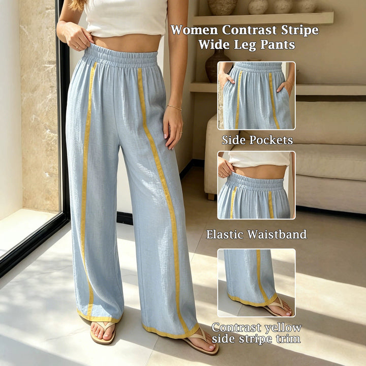 Women Wide Linen Pants with Contrast Stripes and Elastic Waist Mune Fashion