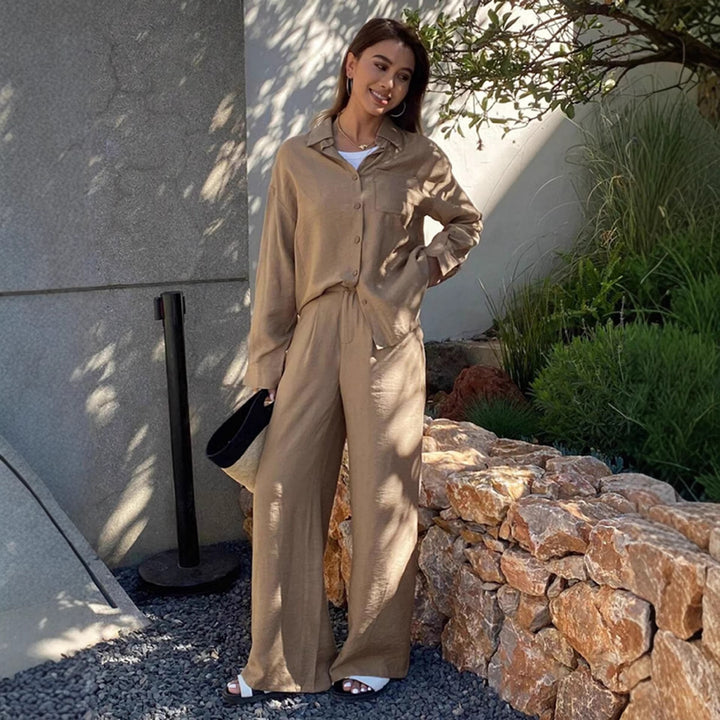 Women's relaxed linen lounge set with oversized shirt and drawstring palazzo pants Mune Fashion