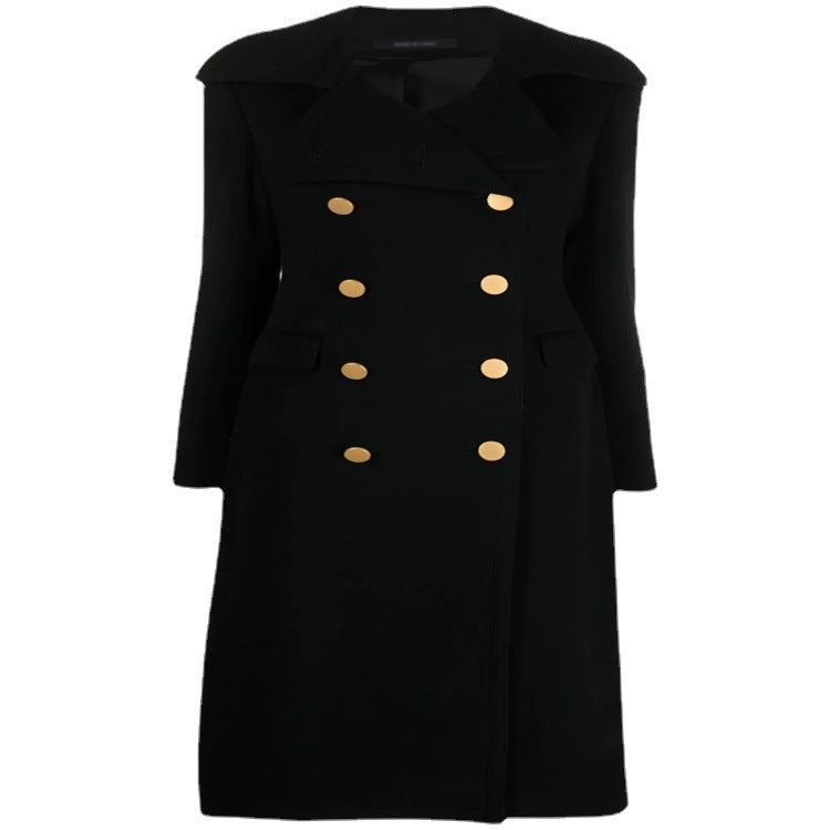 Women's Double-Breasted Long Coat in Naval Coat Style with Distinctive Metal Buttons Mune Fashion