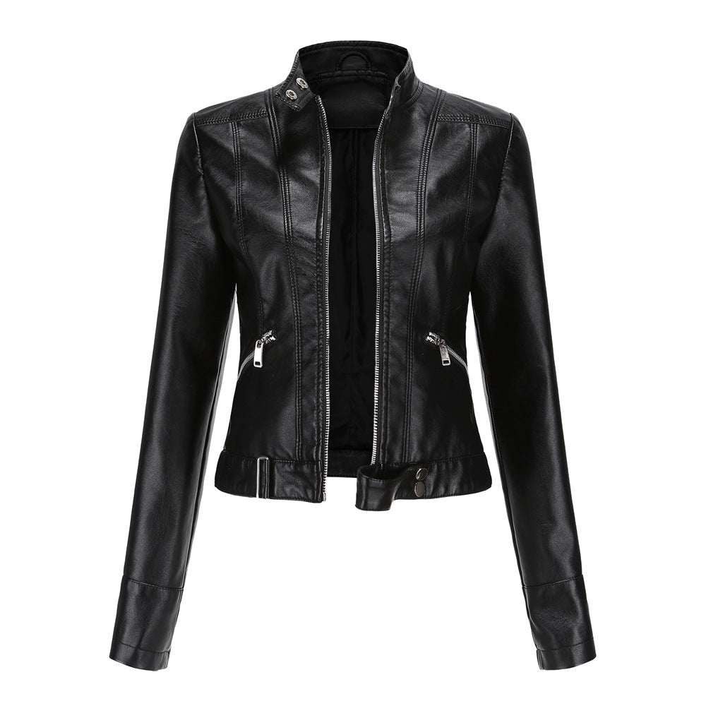 Women's short fitted faux leather jacket in racer style with stand-up collar and zip pockets Mune Fashion