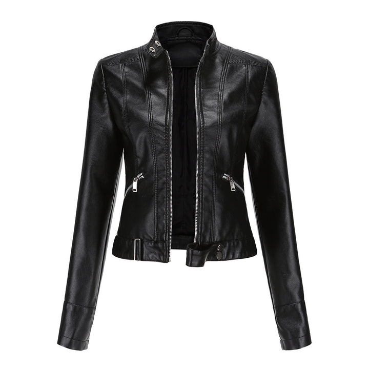 Women's short fitted faux leather jacket in racer style with stand-up collar and zip pockets Mune Fashion