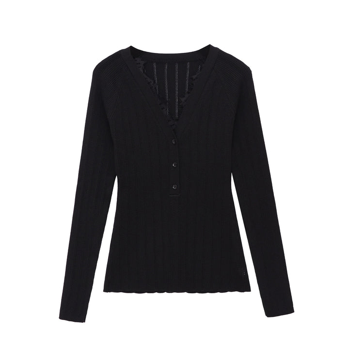 Women's Ribbed Long Sleeve Fine Knit Top with Deep V-Neck, Button Placket and Lace Trim Mune Fashion
