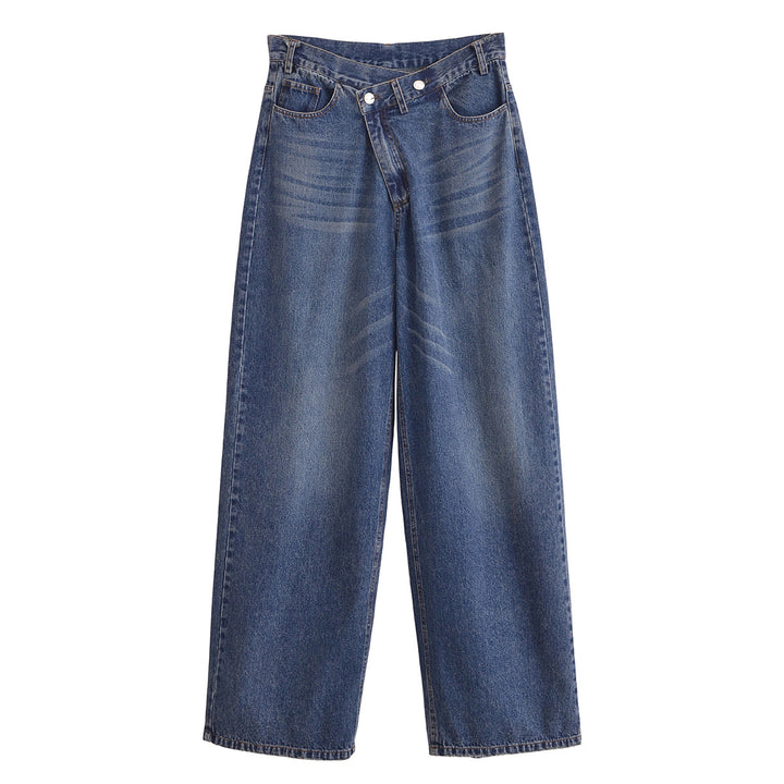 Women's high-waisted wide denim jeans with asymmetric waistband and culotte cut Mune Fashion