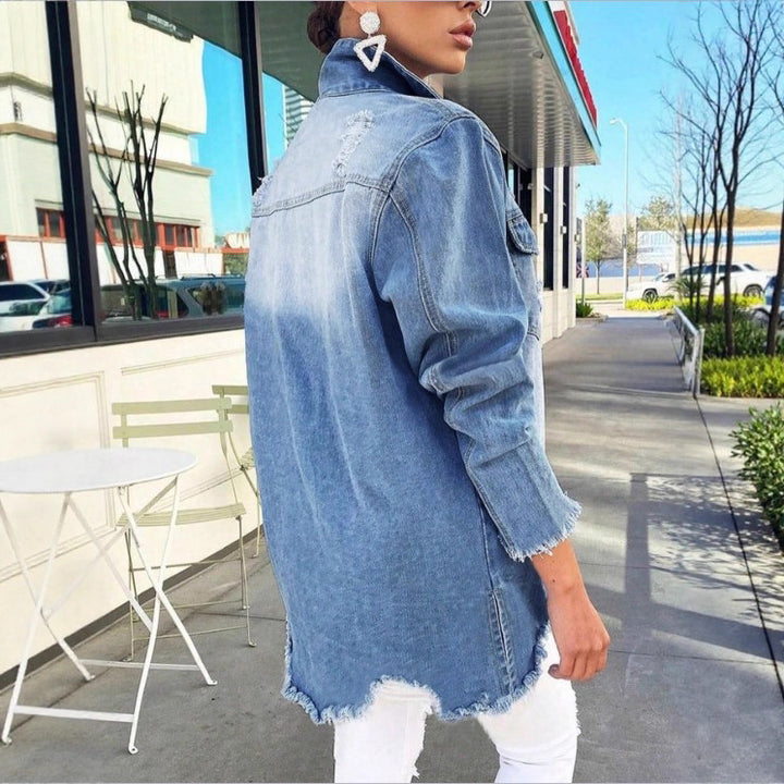 Women's Oversized Denim Jacket with Destroyed Details, Longer Cut and Frayed Hem Mune Fashion