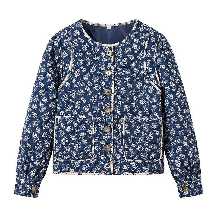 Women's quilted jacket with floral all-over pattern, round neckline and patch pockets Mune Fashion