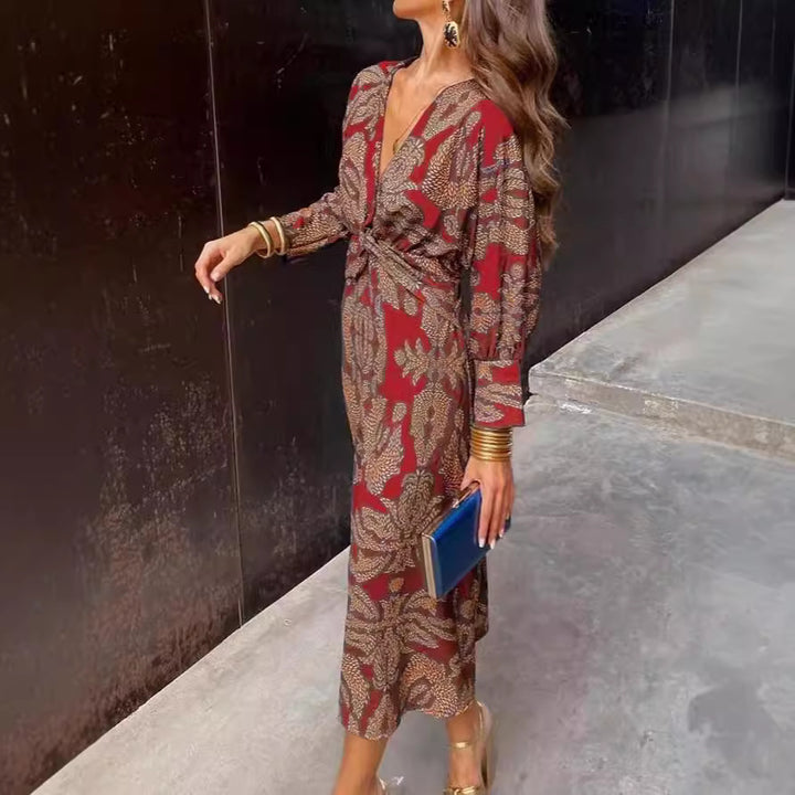 Women's Patterned Midi Dress with Knot Front, V-Neck and Long Sleeves Mune Fashion