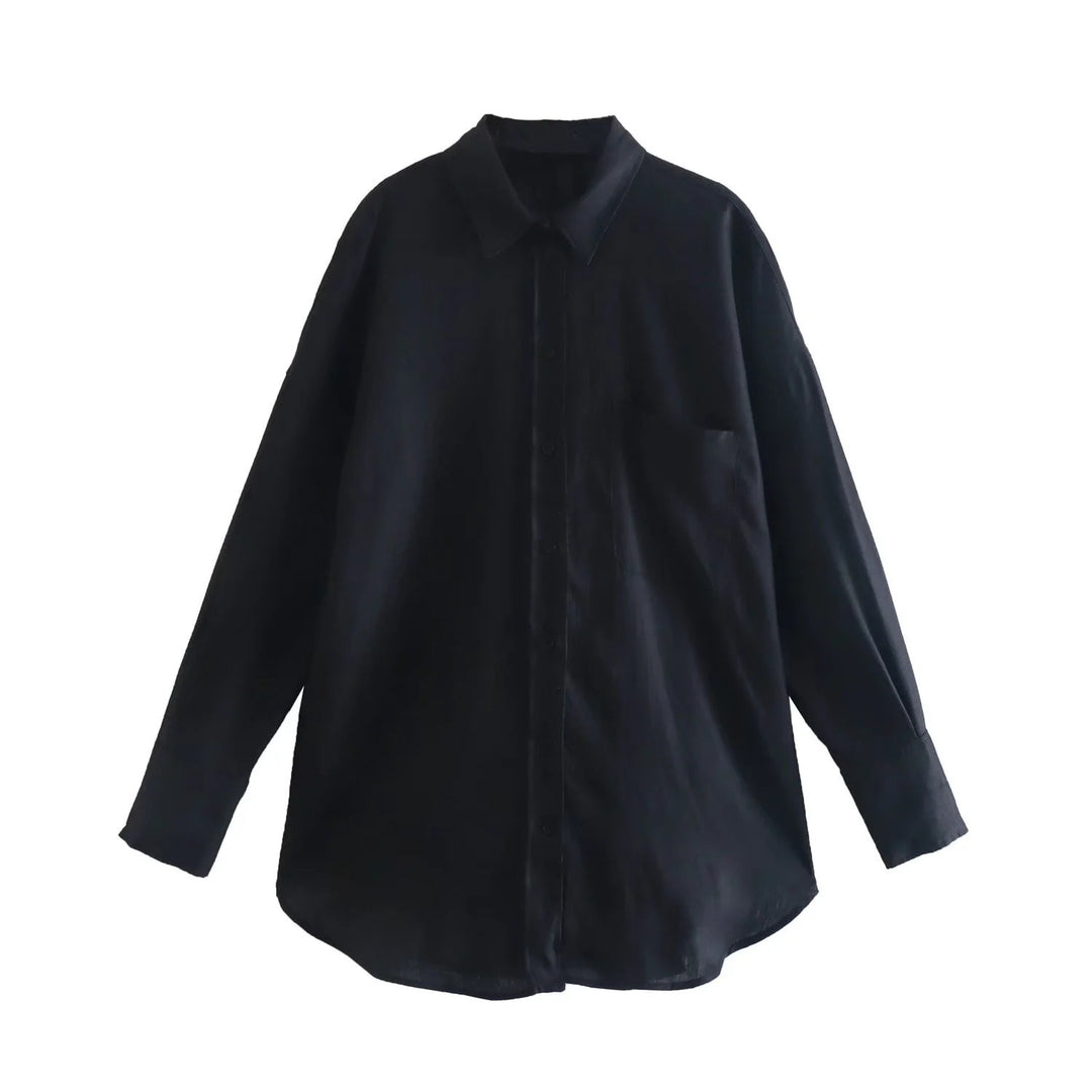 Women's Oversized Shirt Blouse made of Linen Blend with Dropped Shoulder and Chest Pocket Mune Fashion