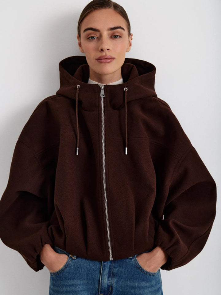 Women’s short jacket made of wool blend with hood, boxy silhouette & gathered hem Mune Fashion