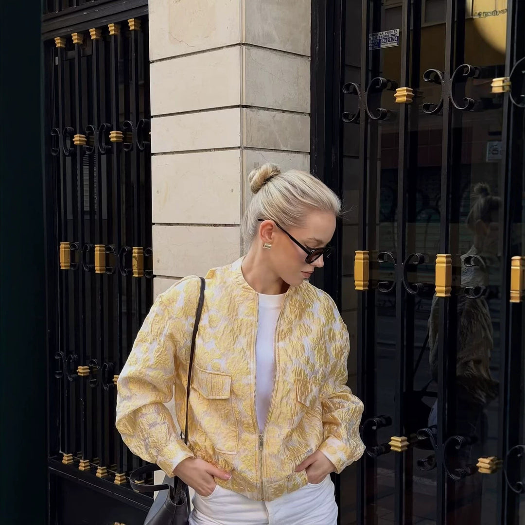 Women's Jacquard Bomber Jacket in Cropped Boxy Fit with Flap Pockets Mune Fashion