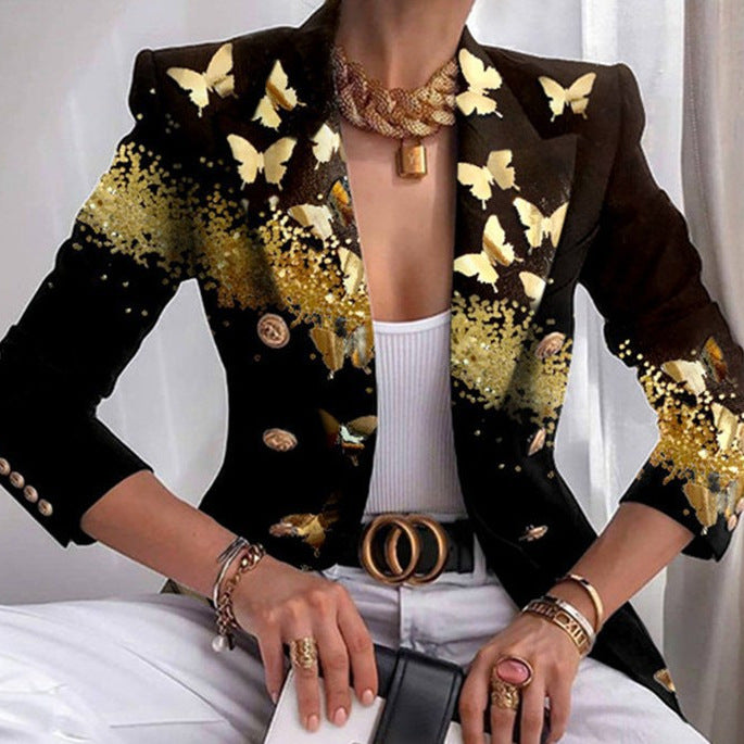 Women's Tailored Double-Breasted Blazer with Distinctive Shoulder, Gold Buttons and Glitter Ombre Mune Fashion