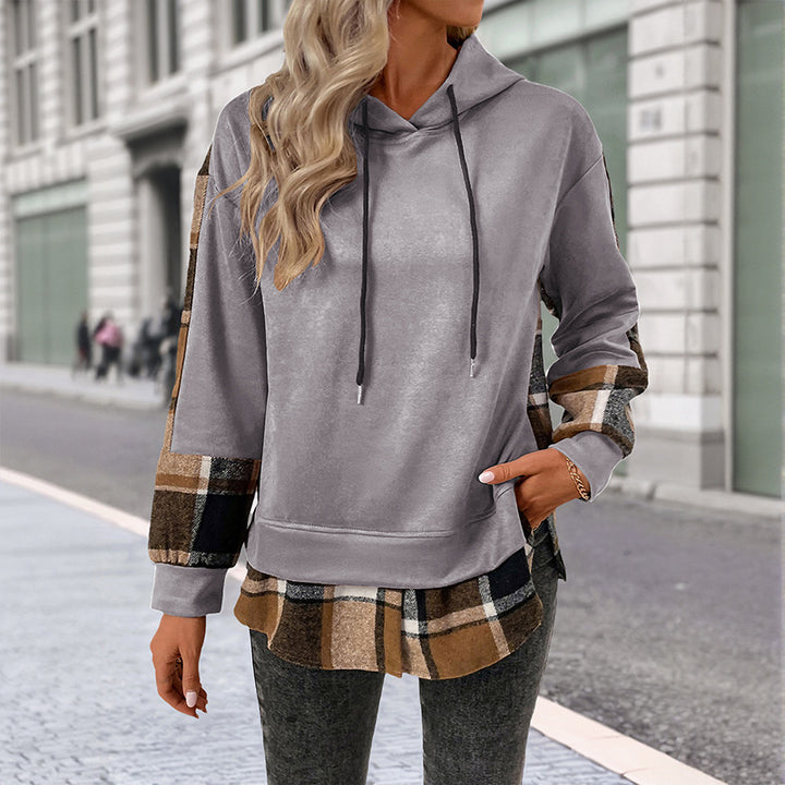 Women Casual Hoodie with Checkered Sleeves Mune Fashion