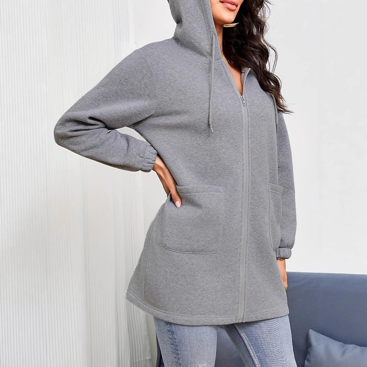 Women's Longline Hooded Jacket with Full Zipper, Kangaroo Pockets and Elastic Cuffs Mune Fashion