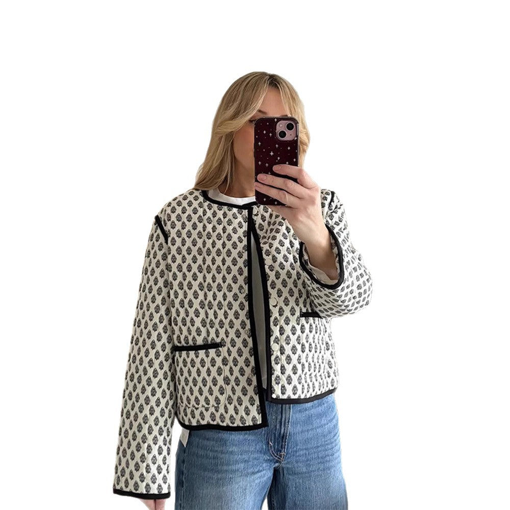 Women's Short Boxy Quilted Jacket with Contrast Piping and Round Neckline Mune Fashion