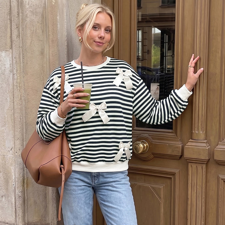 Ladies Oversize Cotton Sweatshirt with Maritime Stripes and Decorative Bows Mune Fashion
