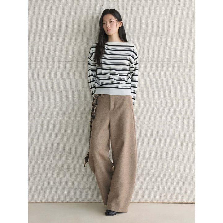 Ladies fine knit sweater with asymmetric boat neckline and fine block stripes Mune Fashion