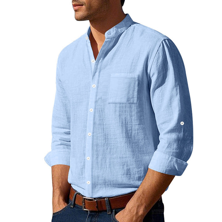 Men's light linen shirt with stand-up collar and patch chest pocket in regular fit Mune Fashion