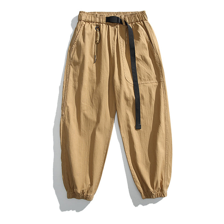 Men's Loose Canvas Cargo Jogging Pants in Utility Style with Elastic Waistband, Integrated Woven Belt and Cuffs