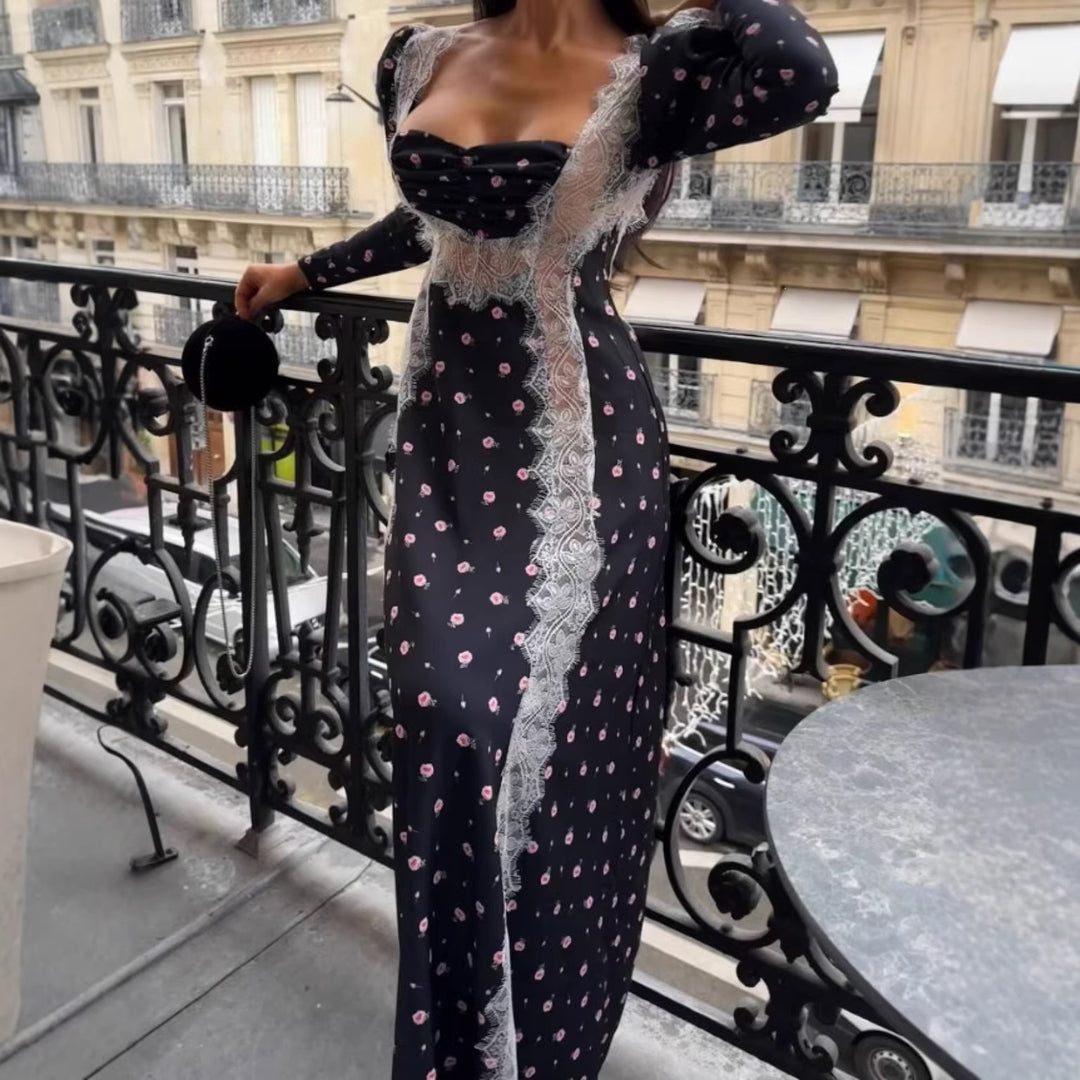 Women’s Maxi Dress with Lace Trim and Floral Allover Print Mune Fashion