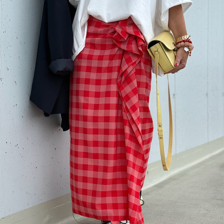 Women's maxi skirt with Vichy check, side ruffle gathering & wrap look Mune Fashion
