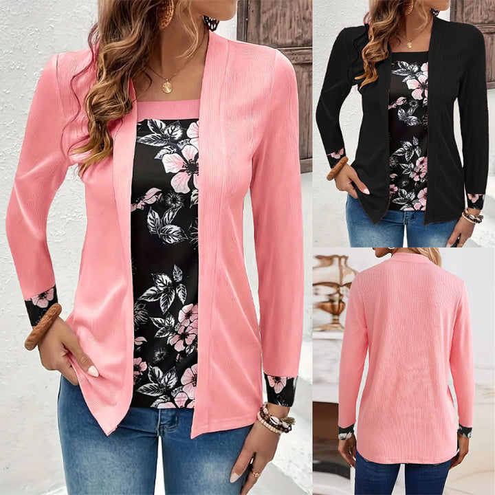 Women's Open Long Cardigan with Textured Crinkle Look and Floral Insert Top Mune Fashion