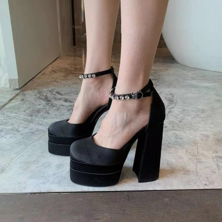 Women's ankle strap sandals with sculptural block heel, square toe, and crystal-embellished ankle strap Mune Fashion