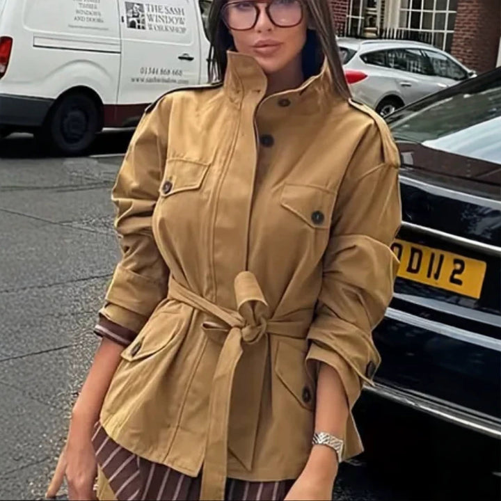 Women's Tailored Utility Jacket with Tie Belt, High Stand Collar and Flap Pockets Mune Fashion