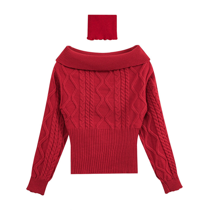 Women's Off-Shoulder Cable Knit Sweater with Wide Ribbed Cuff and Folded Collar Mune Fashion