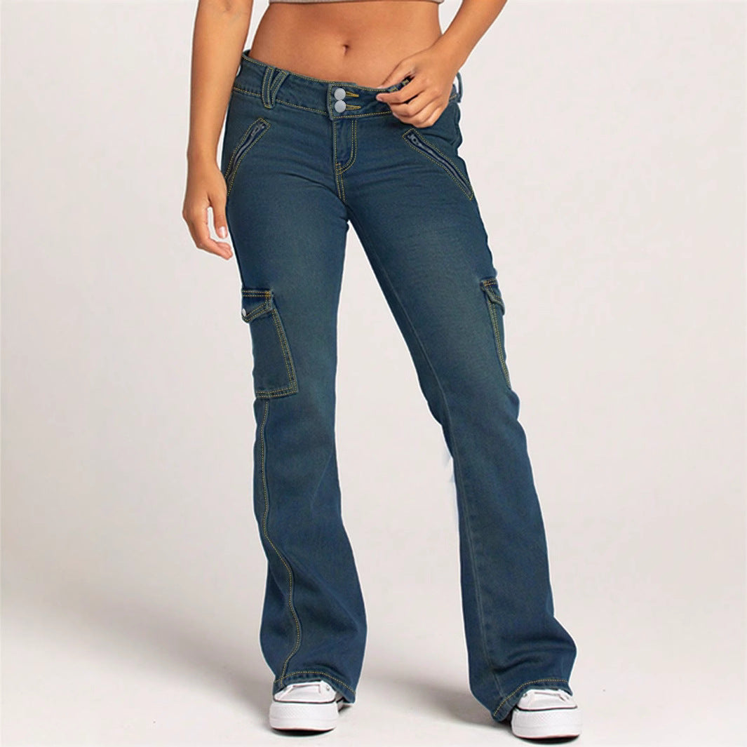 Ladies Cargo Flared Jeans with mid-rise waistband, decorative seams and patch pockets Mune Fashion
