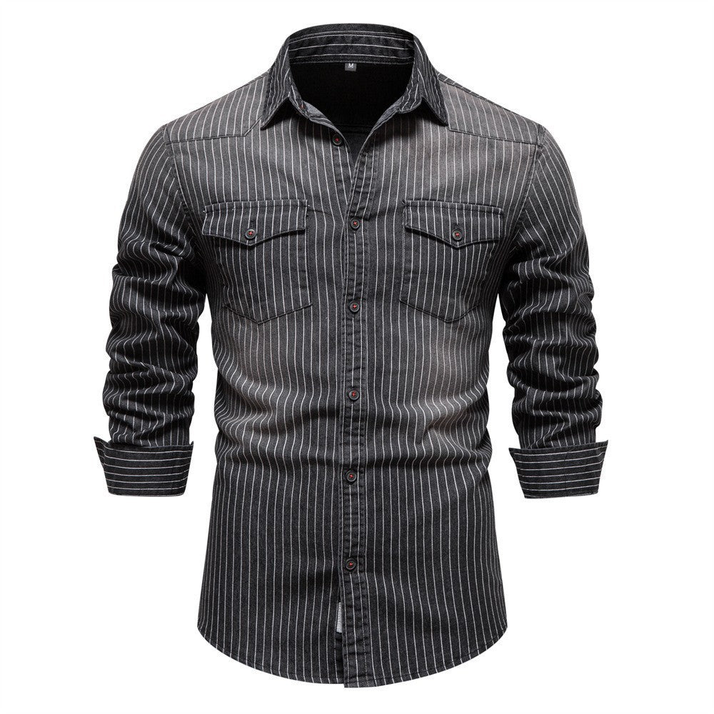 Men's tailored long-sleeve denim shirt with pinstripes and patch pockets Mune Fashion