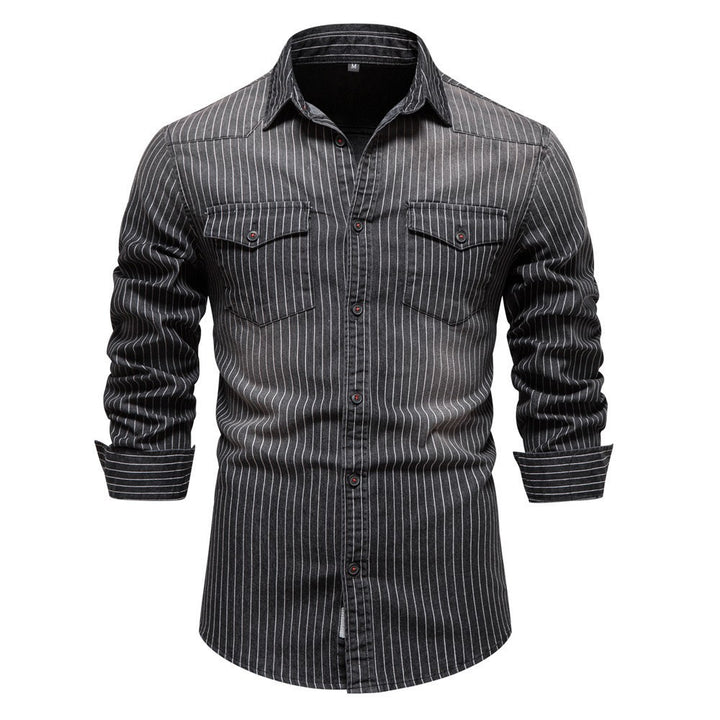 Men's tailored long-sleeve denim shirt with pinstripes and patch pockets Mune Fashion