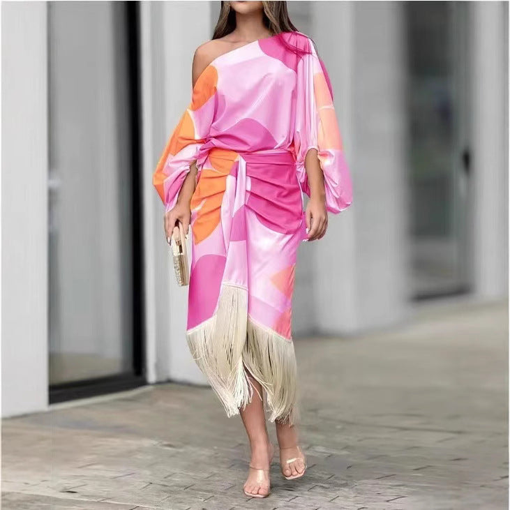 Women's nano asymmetrical draped midi dress with one-sided shoulder, voluminous sleeve cut and fringe hem Mune Fashion