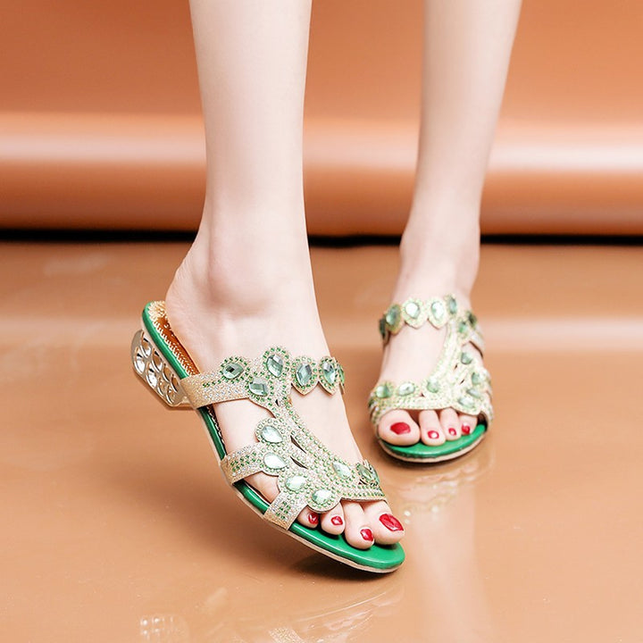 Women's embellished strappy sandals with rhinestone detailing and decorative block heel Mune Fashion