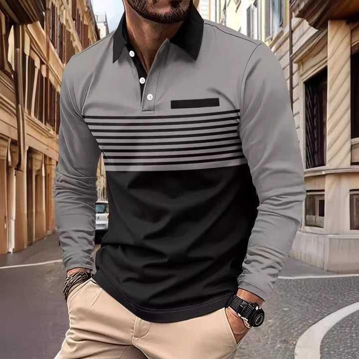 Men's long-sleeved polo shirt with contrasting shirt collar, subtle chest piping and fine stripe relief Mune Fashion