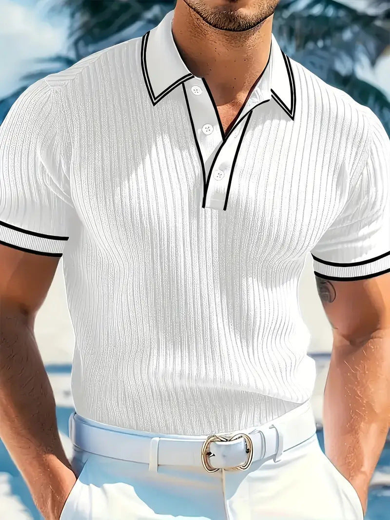 Men's fitted short-sleeve polo with Kent collar, short button placket, and fine vertical rib structure Mune Fashion