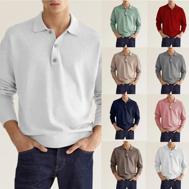 Men's fine knit polo sweater with long sleeves, ribbed cuffs, and subtle button placket EB