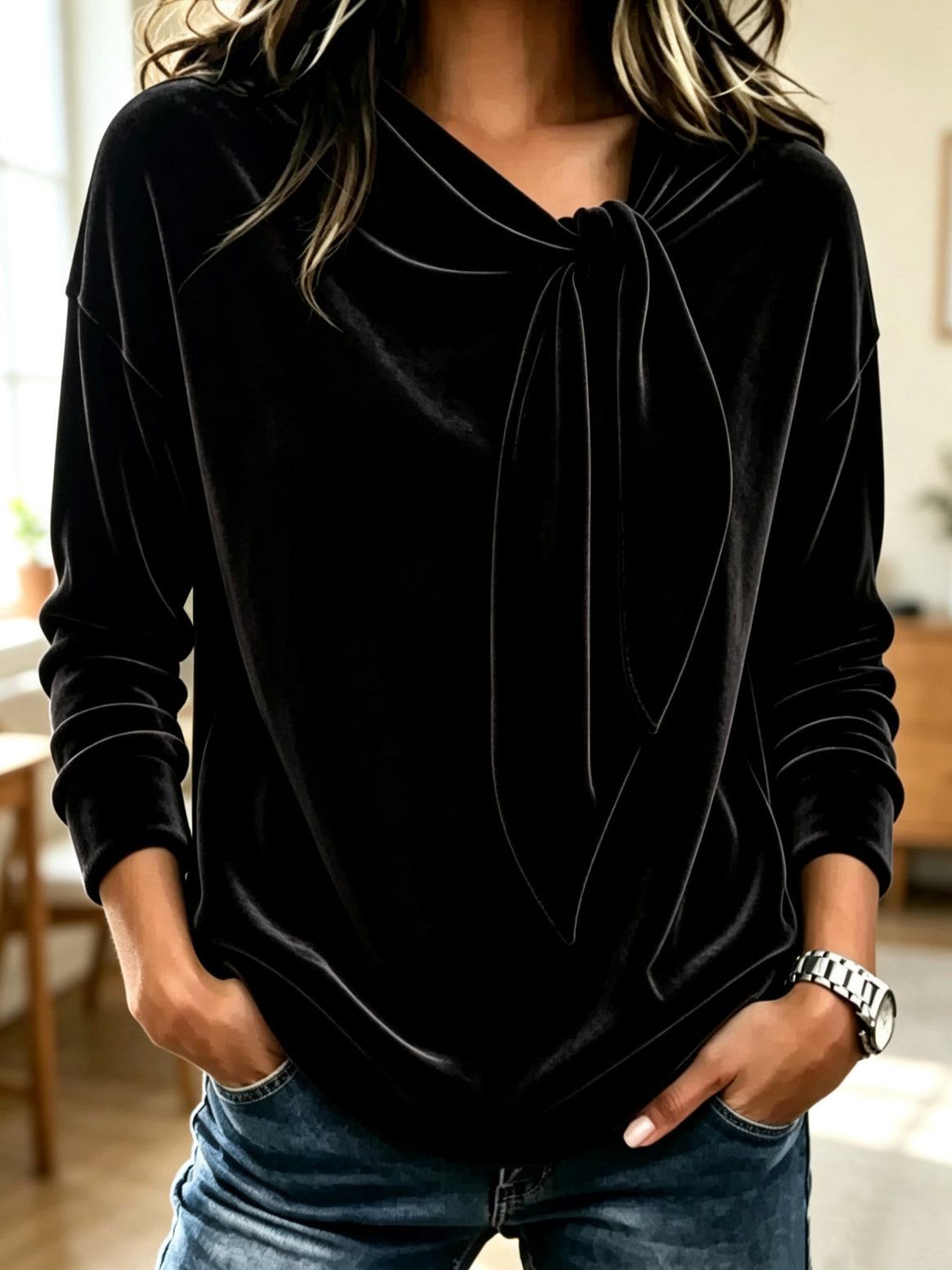 Women Draped Velvet Sweatshirt with Knot Shawl Collar Mune Fashion