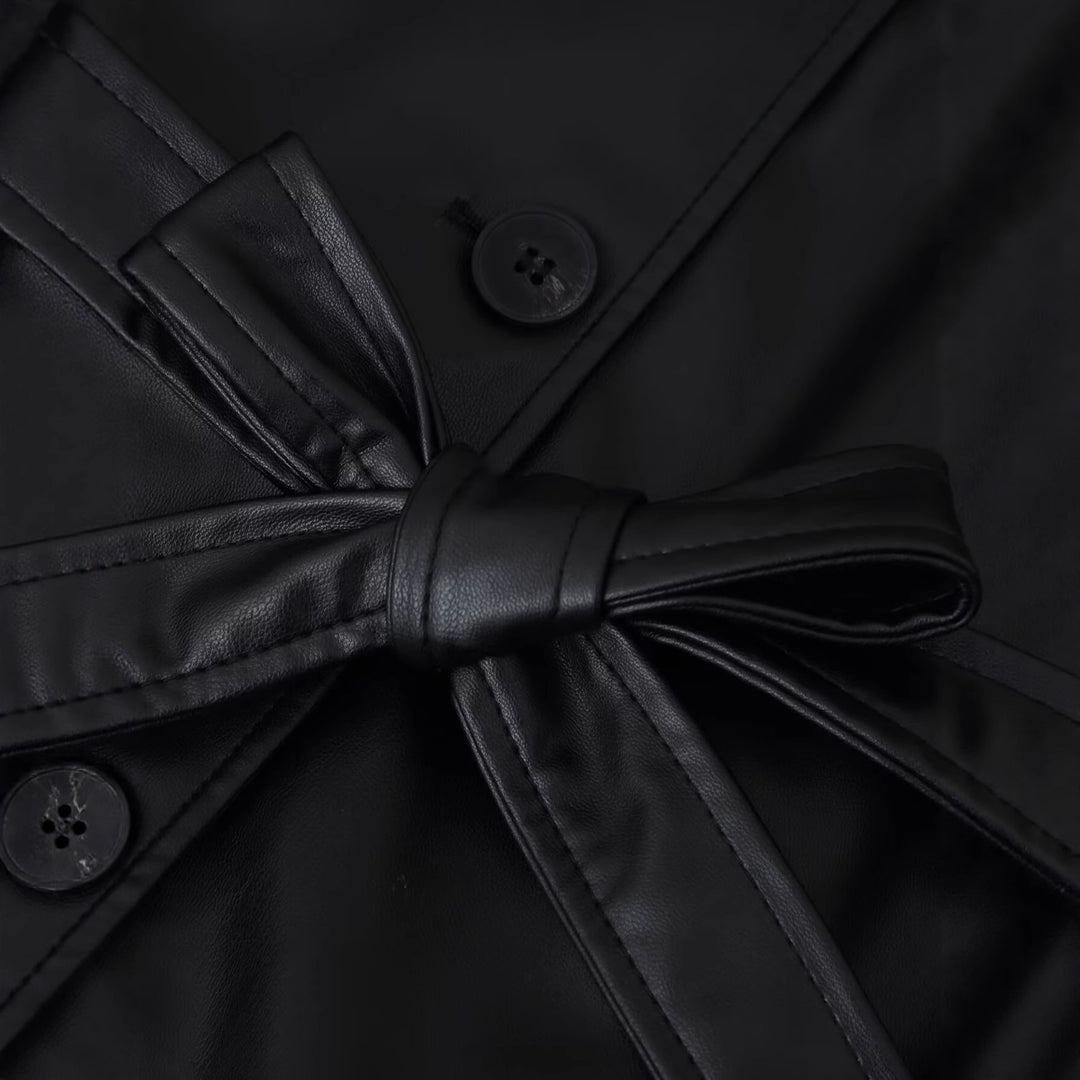 Women's Short Tailored Faux Leather Jacket with Ties and Shirt Collar Mune Fashion
