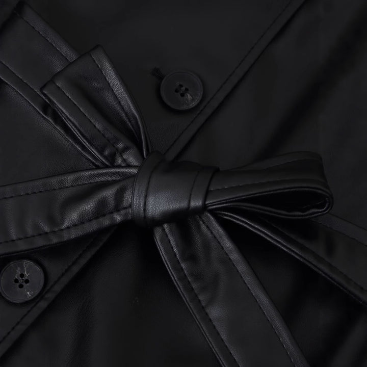 Women's Short Tailored Faux Leather Jacket with Ties and Shirt Collar Mune Fashion