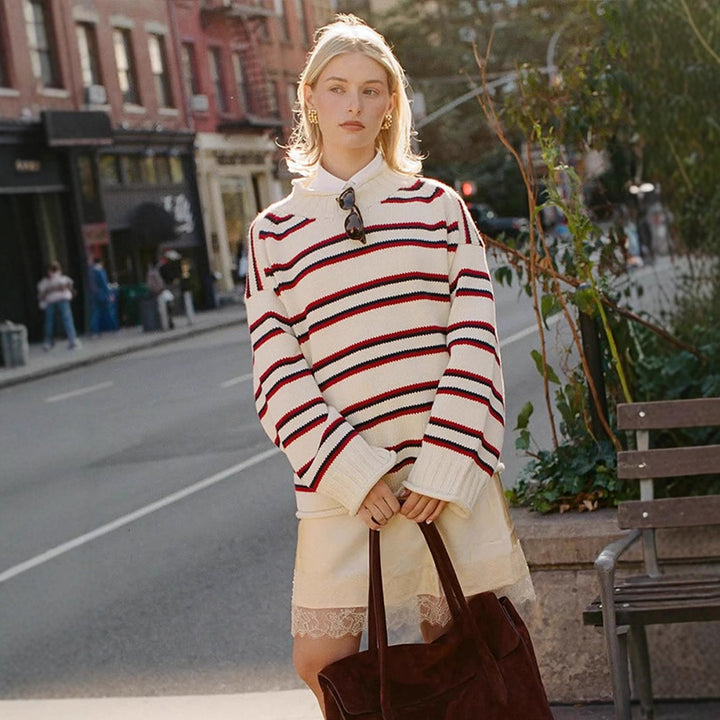 Women's oversized striped cotton blend sweater with wide cut and ribbed cuffs Mune Fashion