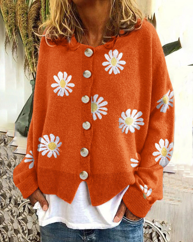 Women's Oversized Knit Cardigan with Button Placket and Daisy Print Mune Fashion