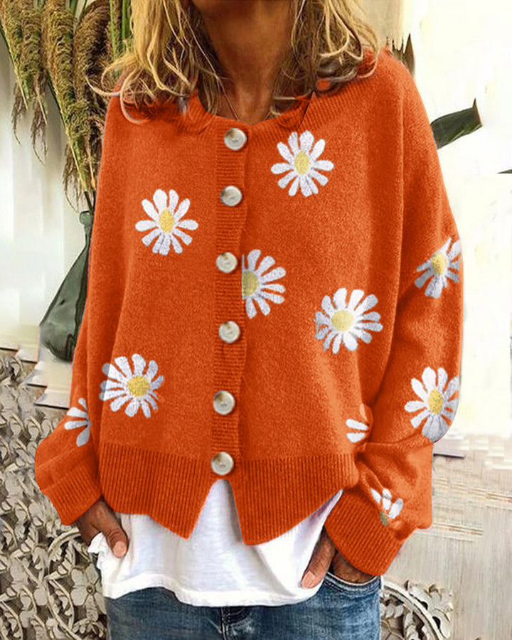 Women's Oversized Knit Cardigan with Button Placket and Daisy Print Mune Fashion