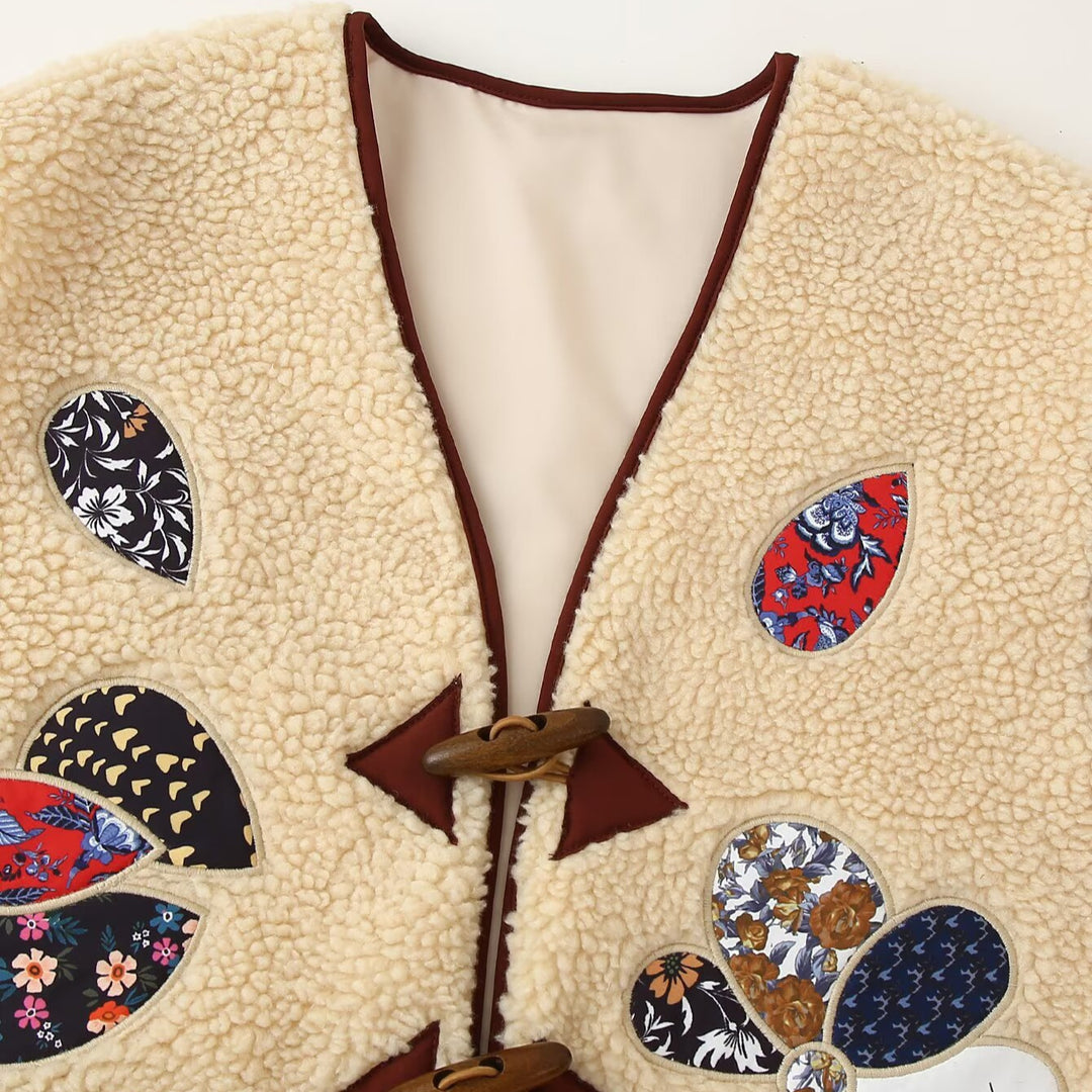 Ladies Padded Teddy Vest with Patchwork Applications and Toggle Closures Mune Fashion